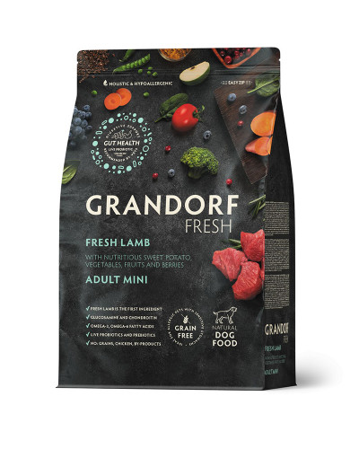 Grandorf Fresh для взрослых собак мелких пород, свежее мясо ягненка с бататом, чувствительное пищеварение или склонность к аллергии 