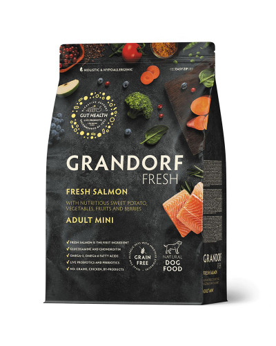 Grandorf Fresh для взрослых собак мелких пород, свежее филе лосося с бататом, для здоровья кожи и шерсти или склонных к аллергии