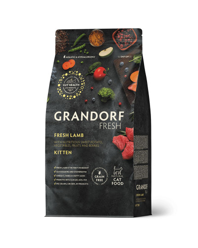 Grandorf Fresh для котят, беременных или кормящих кошек, свежее мясо ягненка с бататом 