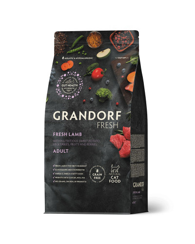 Grandorf Fresh для взрослых кошек, свежее мясо ягненка с бататом, чувствительное пищеварение или склонность к аллергии 