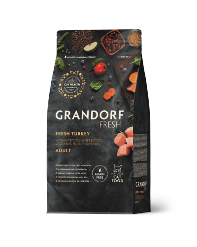 Grandorf Fresh для взрослых кошек, свежее мясо индейки с бататом, диетическая формула для особо аллергичных кошек 
