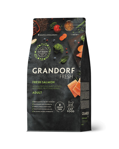 Grandorf Fresh для взрослых кошек, свежее филе лосося с бататом, для здоровья кожи и шерсти или склонных к аллергии