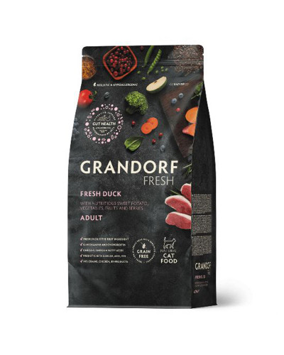 Grandorf Fresh для взрослых кошек, свежее мясо утки с бататом, диетическая формула для особо аллергичных кошек