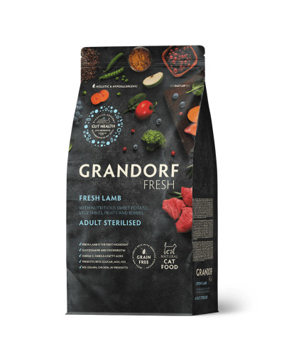 Grandorf Fresh для стерилизованных кошек, свежее мясо ягненка с бататом, чувствительное пищеварение или склонность к аллергии 