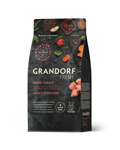 Grandorf Fresh для стерилизованных кошек, свежее мясо индейки с бататом, диетическая формула для особо аллергичных кошек 