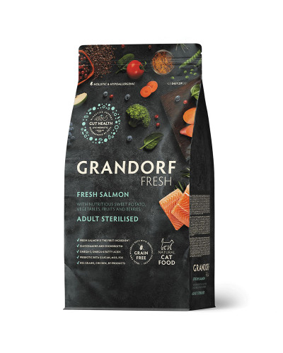 Grandorf Fresh для стерилизованных кошек, свежее филе лосося с бататом, для здоровья кожи и шерсти или склонных к аллергии