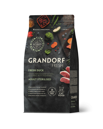 Grandorf Fresh для стерилизованных кошек, свежее мясо утки с бататом, диетическая формула для особо аллергичных кошек