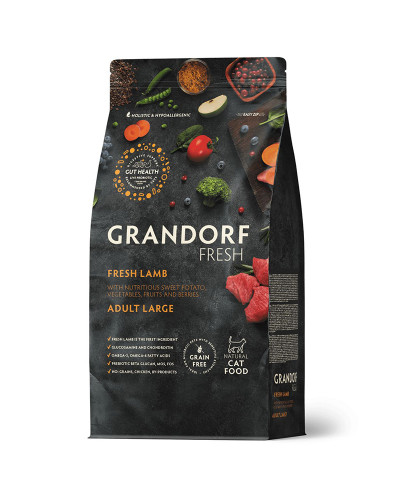 Grandorf Fresh для взрослых кошек крупных пород, свежее мясо ягненок с бататом, чувствительное пищеварение или склонность к аллергии